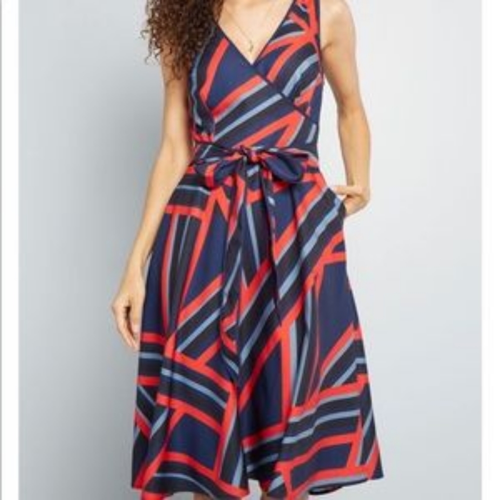 Modcloth Liza Luxe Red / Blue Stripes Ensemble advisor striped dress M